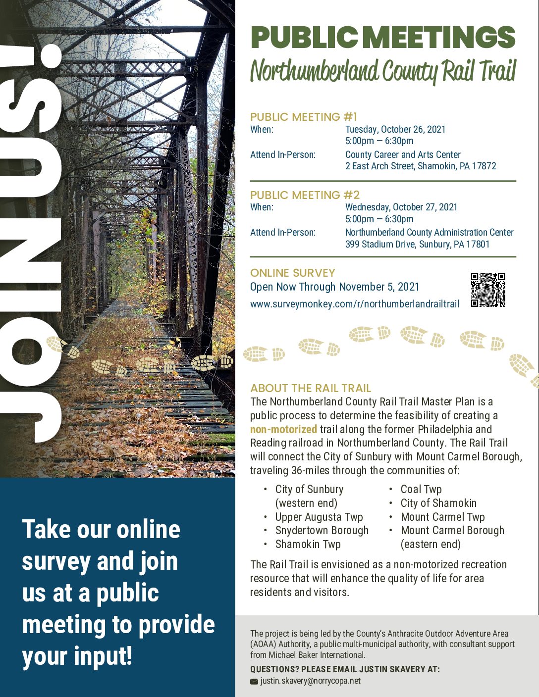 Public Meetings and Online Survey Planned to Gather Community Input for Proposed Northumberland County Rail Trail.